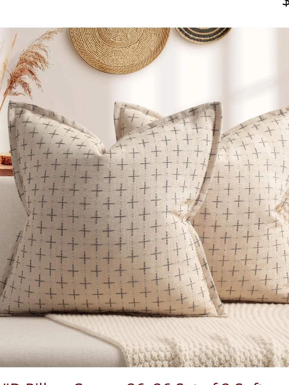 Farmhouse Rustic Boho Pillow Covers Large Square 26x26” (2-Pack) BEIGE